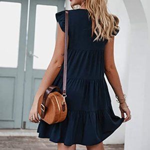 PRETTYGARDEN Women's Elegant Long Lantern Sleeve Short Dress Crewneck Tie Waist